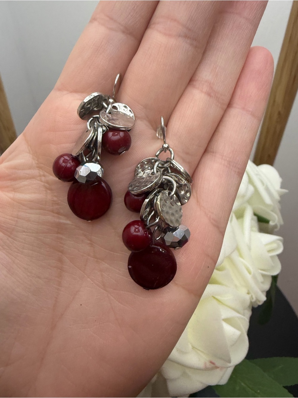 Silver tone and Deep Red Dangle Cluster Earrings
